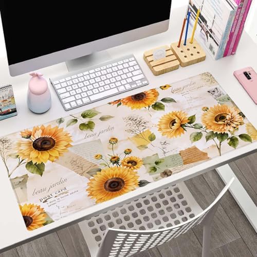 Gaming Large Mouse Pad with Stitched Edges, Vintage Sunflowers Desk Mat, Extended Keyboard Pad, Non-Slip Rubber Base Desk Pad for Keyboard and Mouse, 31.5X11.8 inch
