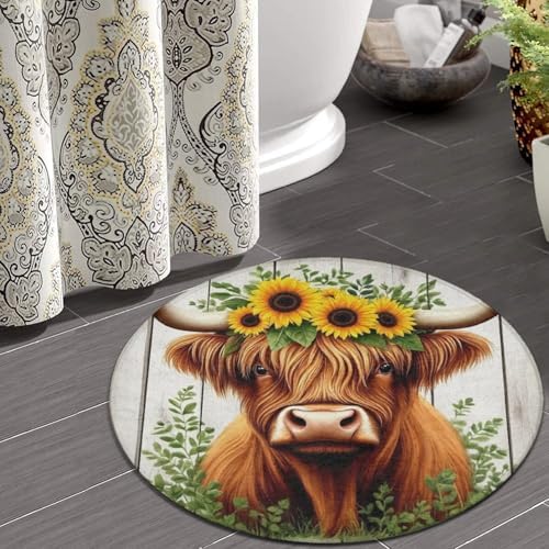 Fashion Round Area Rug Large Non Slip Carpet, Wooden Sunflower Highland Cow Unisex Home Decor Mat