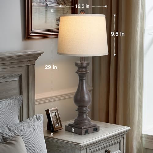 Cinkeda 29" Tall Farmhouse Table Lamp for Living Room Set of 2,Vintage Retro Nightstand Lamps with USB C+A Ports & AC Outlet,3-Way Dimmable Touch Bedside Lamp for Bedroom End Table,Earthy Tone