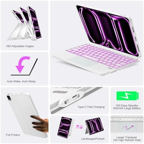iPad Pro 13 inch Case with Keyboard (M5 2025, M4 2024), Magnetic Detachable Backlit Keyboard Case, Multi-Trackpad, Landscape/Portrait, 160° Adjustable Stand, Slim Protective Case (White)