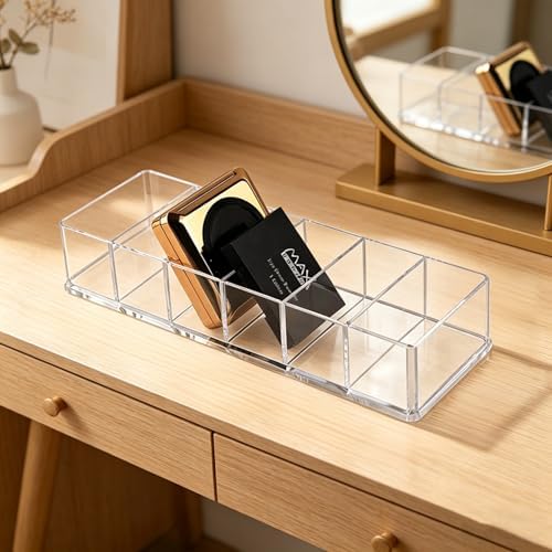 6-Compartment Clear Acrylic Organizer with Detachable Dividers, Eyeshadow Palette & Cosmetic Holder for Vanity Drawer, Cosmetic Station & Makeup Desktop