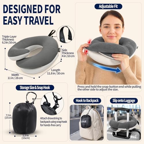 BUYUE Travel Neck Pillows for Airplanes, Memory Foam 360° Head Support Sleep for Long Flight, Skin-Friendly & Breathable, Kit with Eye Mask, Earplugs and Storage Bag (Adult, Grey, 90+ lbs)
