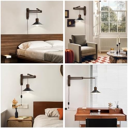 maesta Plug in Wall Lamp, Wood Swing Arm Wall Sconce for Bedroom