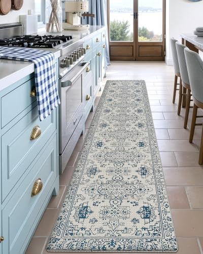 DEXI Kitchen Floor Mats Cushioned Anti Fatigue Runner Rug Blue and White