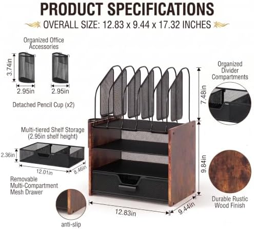 Wood Desk Organizer - 4-Tier Desktop File Organizer with Drawer, Wooden Paper Tray, Vertical File Holders & 2 Pencil Holders - Office Desk Organizer for Papers, Mail, Notebooks, Stationery