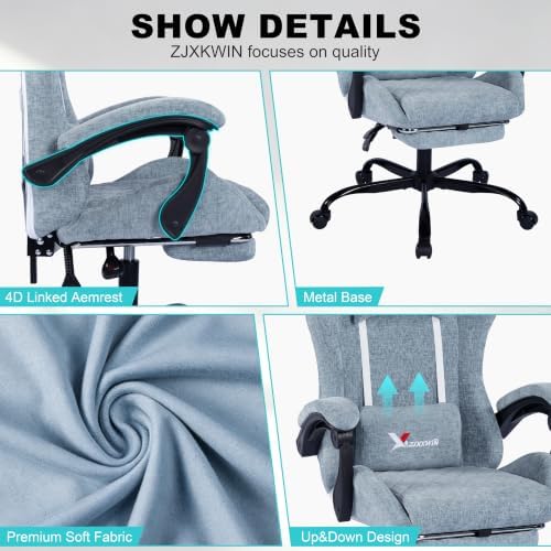 Fabric Gaming Chair for Adults, Ergonomic Computer Office Desk Chair with Footrest,Pocket Spring Cushion, Reclining High Back Silla Gamer for Home Office, Blue