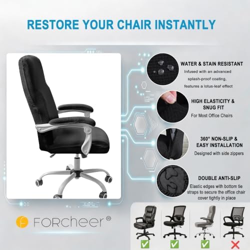 FORCHEER Water-Resistant Large Office Chair Cover with Armrest Covers Black Stretch Jacquard Computer Desk Chair Slipcover Non-Slip Cats/Dogs Proof Washable