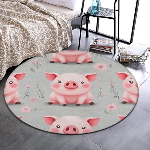 Soft Round Yoga Carpet, Office Chair Decor Round Mat for Carpet and Hardwood Floors Cute Pink Pigs Print