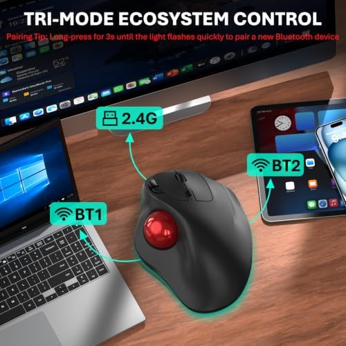 EDJO Wireless Trackball Mouse, Ergonomic Mouse with 30° Tilt, 5 DPI, Red