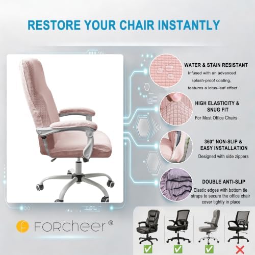 FORCHEER Water-Resistant Large Office Chair Cover with Armrest Covers Pink Stretch Jacquard Computer Desk Chair Slipcover Non-Slip Cats/Dogs Proof Washable