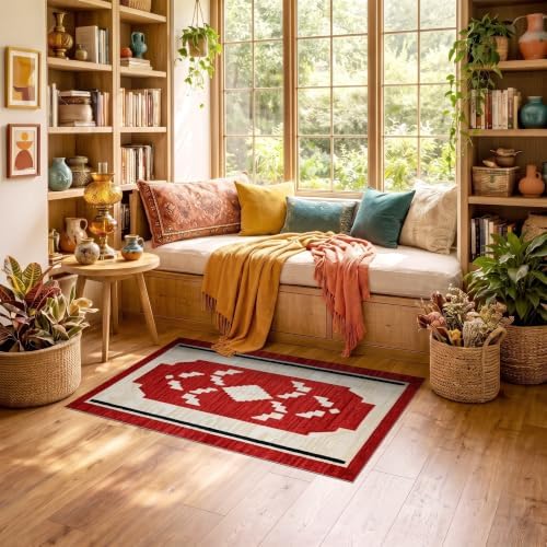 3'x5' Red Ivory Cat Crimson Boho Geometric Ultra-Soft Throw Mat