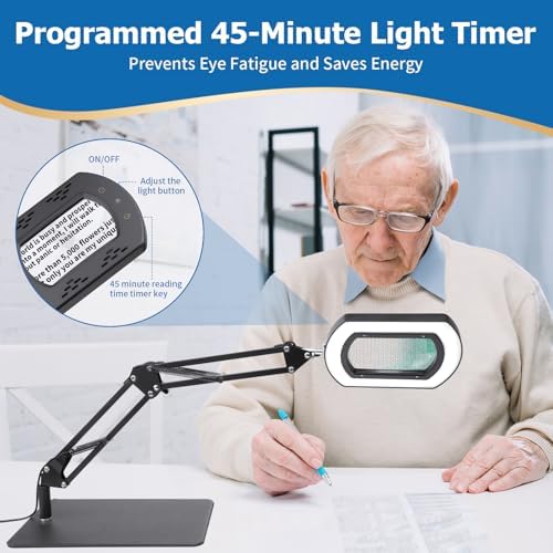 15X Rectangle Magnifying Glass with Light and Stand, Hands-Free Real Glass Lighted Magnifier, Touch Control 5 Color Modes Stepless Dimmable, 2-in-1 LED Desk Lamp with Clamp for Close Work, Reading