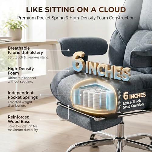 mokodo Big and Tall Office Chair 400lbs, Breathable Fabric Executive Desk Chair with Pocket Spring Cushion, 155° Reclining Computer Chair with Integrated Headrest & Lumbar Pillow (Dark Blue)