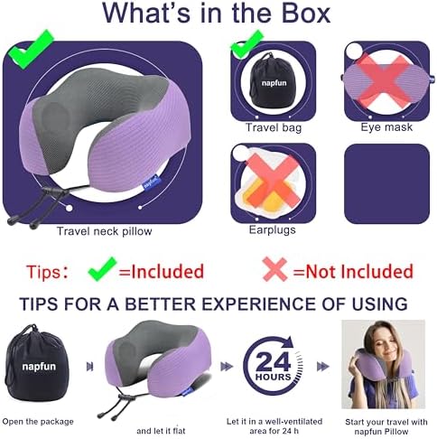 napfun Neck Pillow for Travel, Memory Foam Airplane Pillow, Light Purple