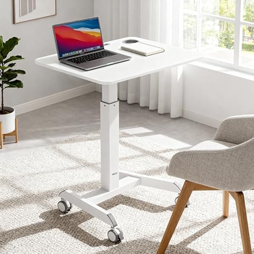 Mount-It! Laptop Cart Rolling Desk Adjustable Height with 28.5" x 22" Tabletop, Ergonomic Sit-Stand Workstation on Wheels Portable for Home Office, Dorm, Classroom, White