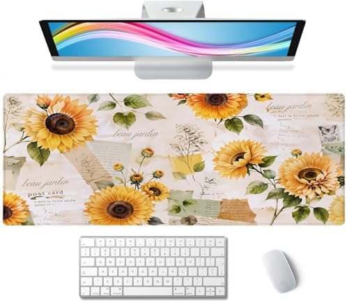 Gaming Large Mouse Pad with Stitched Edges, Vintage Sunflowers Desk Mat, Extended Keyboard Pad, Non-Slip Rubber Base Desk Pad for Keyboard and Mouse, 31.5X11.8 inch