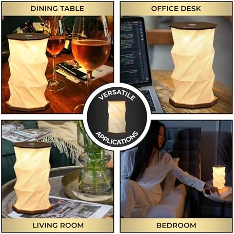 Origami Expanding Foldable LED Desk Lamp – USB Rechargeable & Portable - Dimmable Touch Control Light with Adjustable Height up to 8.25" for Office, Travel, Bedside & Modern Design (Wood Grain)