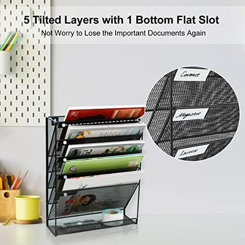 EasyPAG 5 Tier Wall File Holder, Mesh Hanging Folder Organizer with Classify Label, Versatile Desk File Holder, Vertical Wall Mounted Mail Organizer for Office Home Cubicle, Black