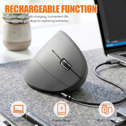 Wireless Bluetooth Ergonomic Vertical Mouse, Rechargeable Silent Slim Laptop Mouse,Portable(BT5.2+USB Receiver) LED Dual Mode Computer Mice,for Laptop,Desktop Computer,ipad Tablet,Phone,TV (Grey）