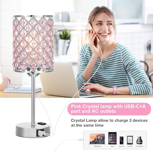 Hong-in Pink Bedside Lamps for Night Stands, Crystal Table Lamp for Bedroom
