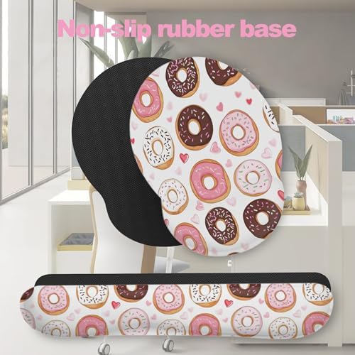 Cute Pink Donut Ergonomic Wrist Support Keyboard Mouse Wrist Rest Set, Computer Office Comfortable Wrist Rest for Mouse Easy Typing