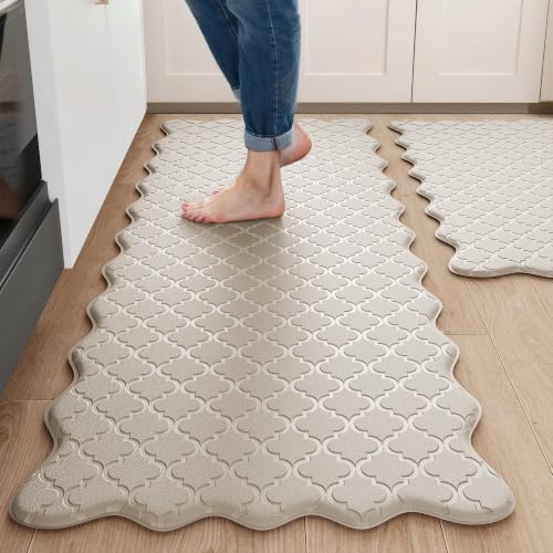 Arenarug Upgrade Scalloped Kitchen Mats for Floor 2PC, Khaki Kitchen Rugs