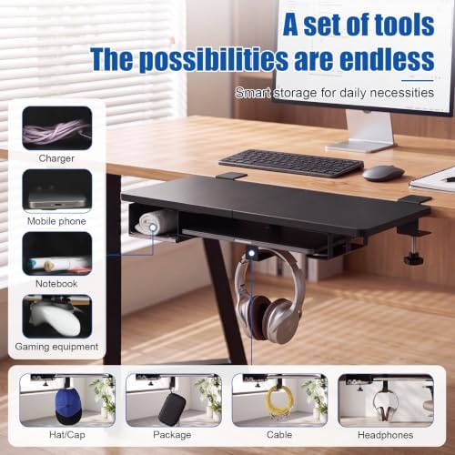 Novabright 24" x 12" Desk Extender Tray with Side Storage Rack Heavy Duty Desk Extender Under Desks Laptop Mount Keyboard Extenders for Desks with a Concealed Storage Area for Cable & Earphone (Black)