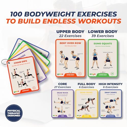 100 Bodyweight Exercise Cards – Illustrated Home Workout Flash Card Deck Designed by a Physical Therapist for Strength Training with No Equipment for Men and Women