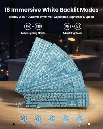 Wireless Typewriter Style Mechanical Keyboard with White Backlit, Blue