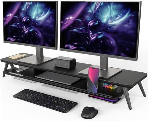 Fenge Dual Monitor Stand Riser, Wooden Desk Shelf with 2-Tier Storage