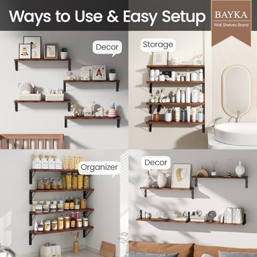 BAYKA 22.4 Inch Long Wall Mounted Floating Shelves (Rustic Brown, Set of 4)