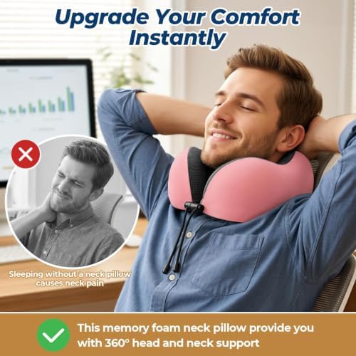 ExploreBliss Travel Pillow, Memory Foam Neck Pillow Airplane, Pink