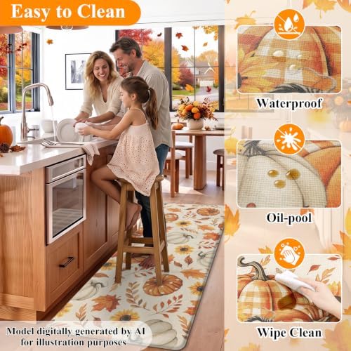 HEBE Fall Kitchen Rugs Set of 2,Anti Fatigue Pumpkin Kitchen Mats for Floor