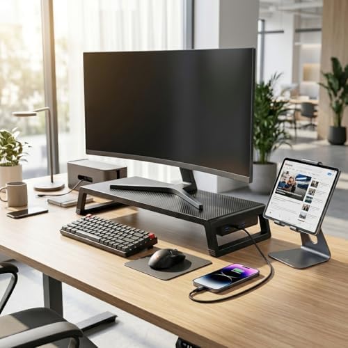 Fayquaze Monitor Stand Riser with USB Hub, Ergonomic Laptop Stand, Desk Organizer for Computer