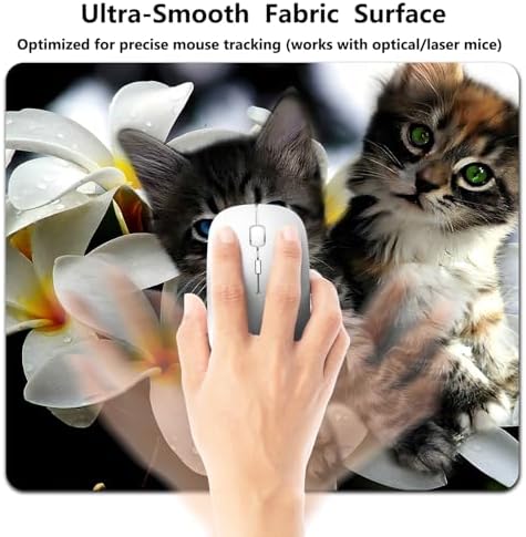 9.5x7.9 Inch Office/Gaming Mouse Pad, Lovely Kittens on Tropical Plumeria Flowers Adorable Blue Green Eyed Cats Pets, Cute Anti-Slip Mat for Desk Decor