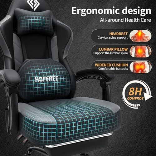 HOFFREE Gaming Chair with Heated Kneading Massage Computer Chair Black