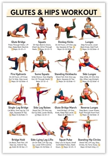 Glutes & Hips Workout Exercise Poster, 16 Illustrated Lower Body Training Moves Chart with Rep Ranges, Bodyweight Butt & Hip Tutor Guide for Home Gym Beginner Fitness Training and Glute Sculpting Reference(20x30inchs，Unframed)