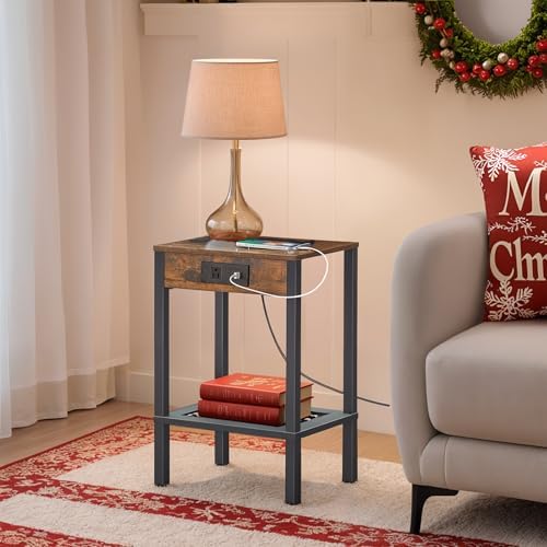 HOOBRO Side Table with Charging Station, 2-Tier Small End Table