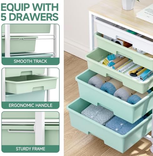 SYKIARIOL Rolling Cart with Drawers,5 Drawers Storage Cart,Light Green
