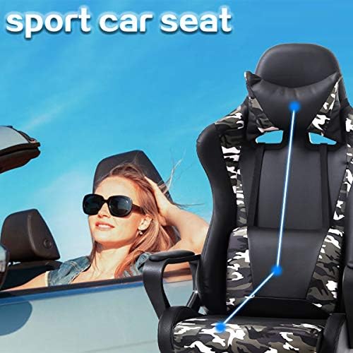 PC Gaming Chair Office Racing Desk Chair With Lumbar Support, Arms, Headrest, Massage - High Back PU Leather Ergonomic Computer Chair, Adjustable Swivel for Women Men Adult, Camo