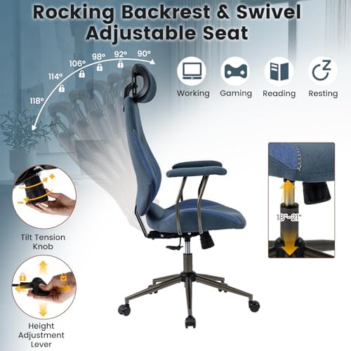 GIANTEX Ergonomic Office Chair, Mid Century Modern Fabric Computer Desk Chair with 2D Headrest, Rocking Backrest & Wheels, Vintage High Back Rolling Chair for Executive, Blue