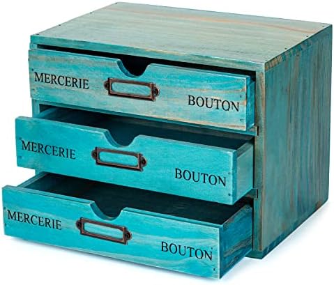 Turquoise 3-Tier Drawer Unit - European Country Style Desk Organizer Box - 9.7x7x7.5" Wooden Teal Stackable Drawers - Countertop Organizer Drawers w/Label Holder - Triple File Drawer Unit