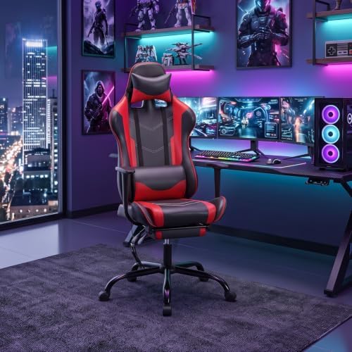 BestOffice Women's Red Gaming Chair, Sturdy Faux Leather, 360-Degree Rotating, Lumbar Support, Massage Vibration, Easy Assembly, 21.7"W x 20.9"D x 45"H
