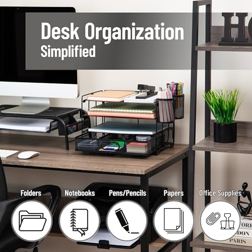 Mind Reader Mesh Desk Organizer, 3 Trays, 1 Drawer, 2 Pen Holders, Office Desktop Organizer, Metal Mesh, Black