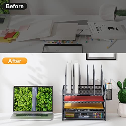 Marbrasse Desk Organizers, 4-Tier Mesh Desk File Organizer with 5 Vertical File Holders and 2 Pen Holders, Multifunction Desktop Organizer,Desk Organizers and Accessories for Home Office (Gray)