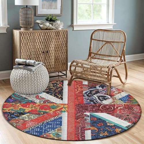 Machine Washable Modern Round Area Rug, Room Sofa Yoga Soft Round Carpet, Home Decor Non Slip Kitchen Office Circle Rug Union Jack Flag UK Mandala Art, 60inch