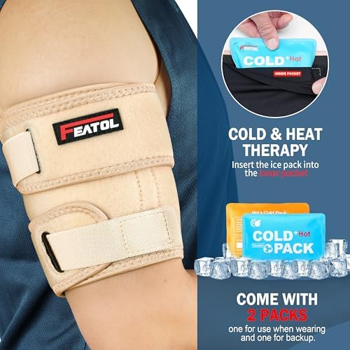 FEATOL Bicep Tendonitis Brace with 2 Gel Ice Packs, Upper Arm Brace Tricep Compression Sleeve Support Hot & Cold Therapy for Men and Women, Pain Relief for Muscle Strains,Inflammation (Beige with 2 ice packs, Small)