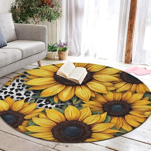 Home Decor Non Slip Kitchen Office Circle Rug, Machine Washable Modern Round Area Rug, Room Sofa Yoga Soft Round Carpet 80s Vintage Cow Print Sunflowers, 60inch