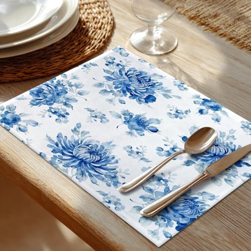Shrahala Blue Vintage Peony Set of 6 12 X 18 Inch Linen Placemats, Midcentury Burlap Table Mat Washable Double Layered Heat Insulation for Indoor/Outdoor