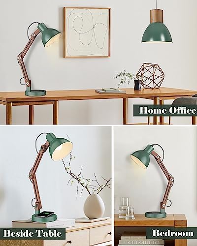 ELYONA LED Desk Lamp with Wireless Charger, Sapele Wood Reading Light with USB C Charging Port, Swing Arm Table Lamp for Home Office, College Dorm, Bedroom Living Room, Bulb Included, Vintage Green